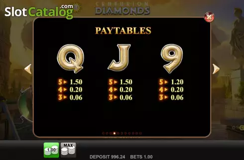 Paytables screen 2. Centurion Diamonds slot