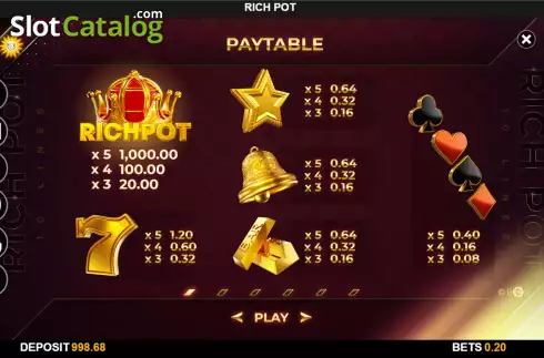 Paytable screen. RichPot slot