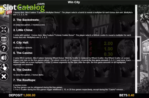 Features screen 2. Win City slot