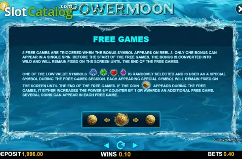 Free Games screen. Powermoon slot