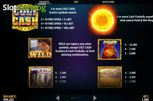 PayTable screen. Colt Cash: Hold and Win slot