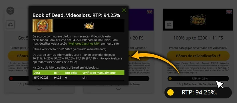 Informações no catálogo de slots sobre a RTP do cassino.