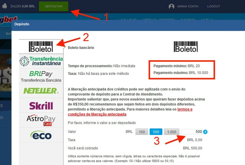 Processo de depósito com boleto no cassino on-line
