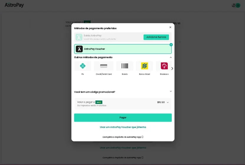 Processo de depósito no cassino com Astropay