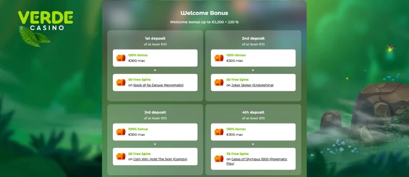 Schermata del bonus di benvenuto di Verde Casino con free spin